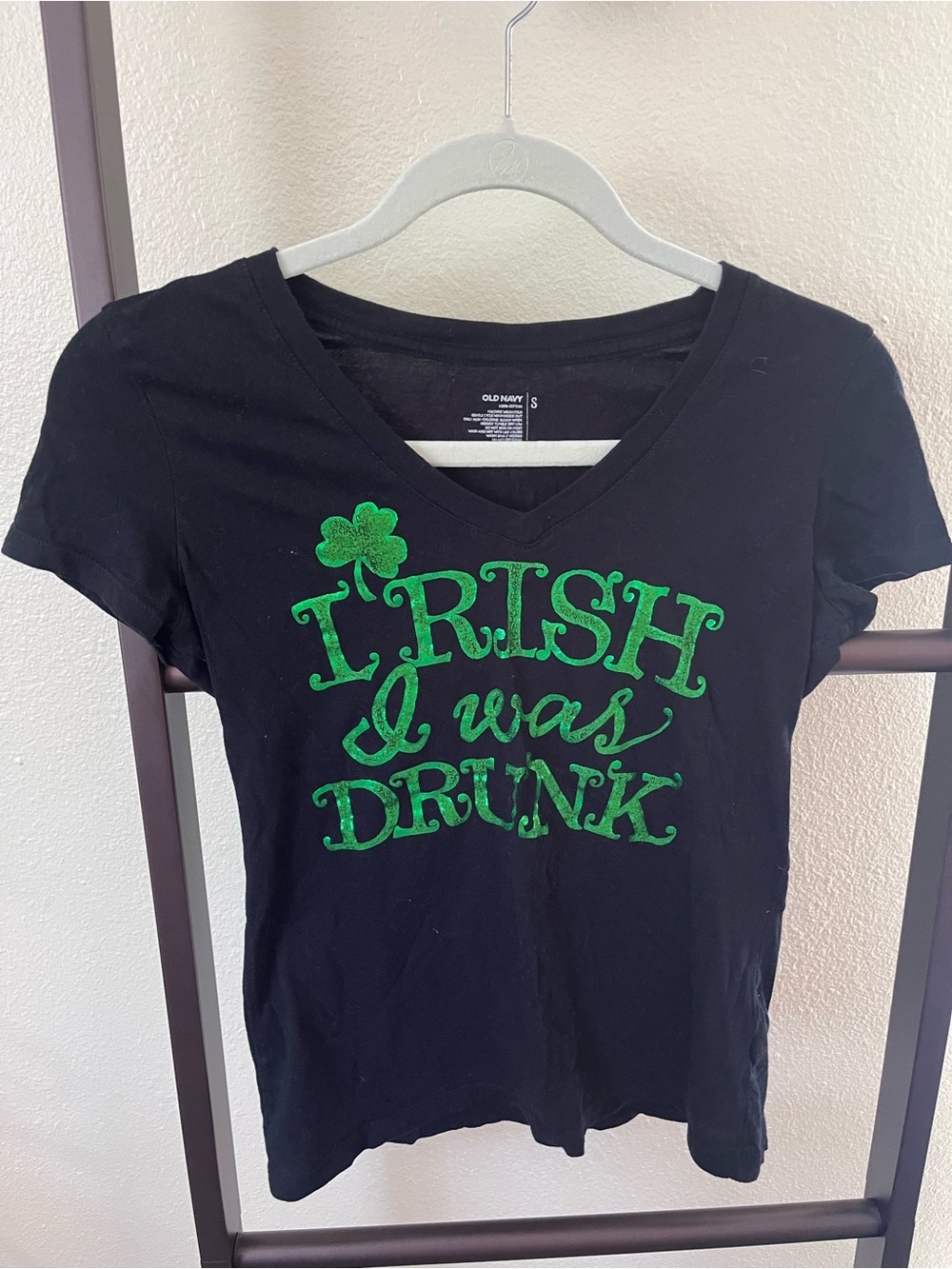 Old Navy Black V-Neck Tee with Green Shamrock Graphic